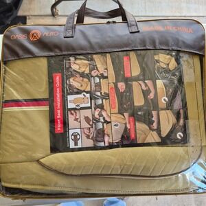 Oasis Auto Tan Faux Leather Universal 2 Front Seat Covers Tan Brown Stripe Set